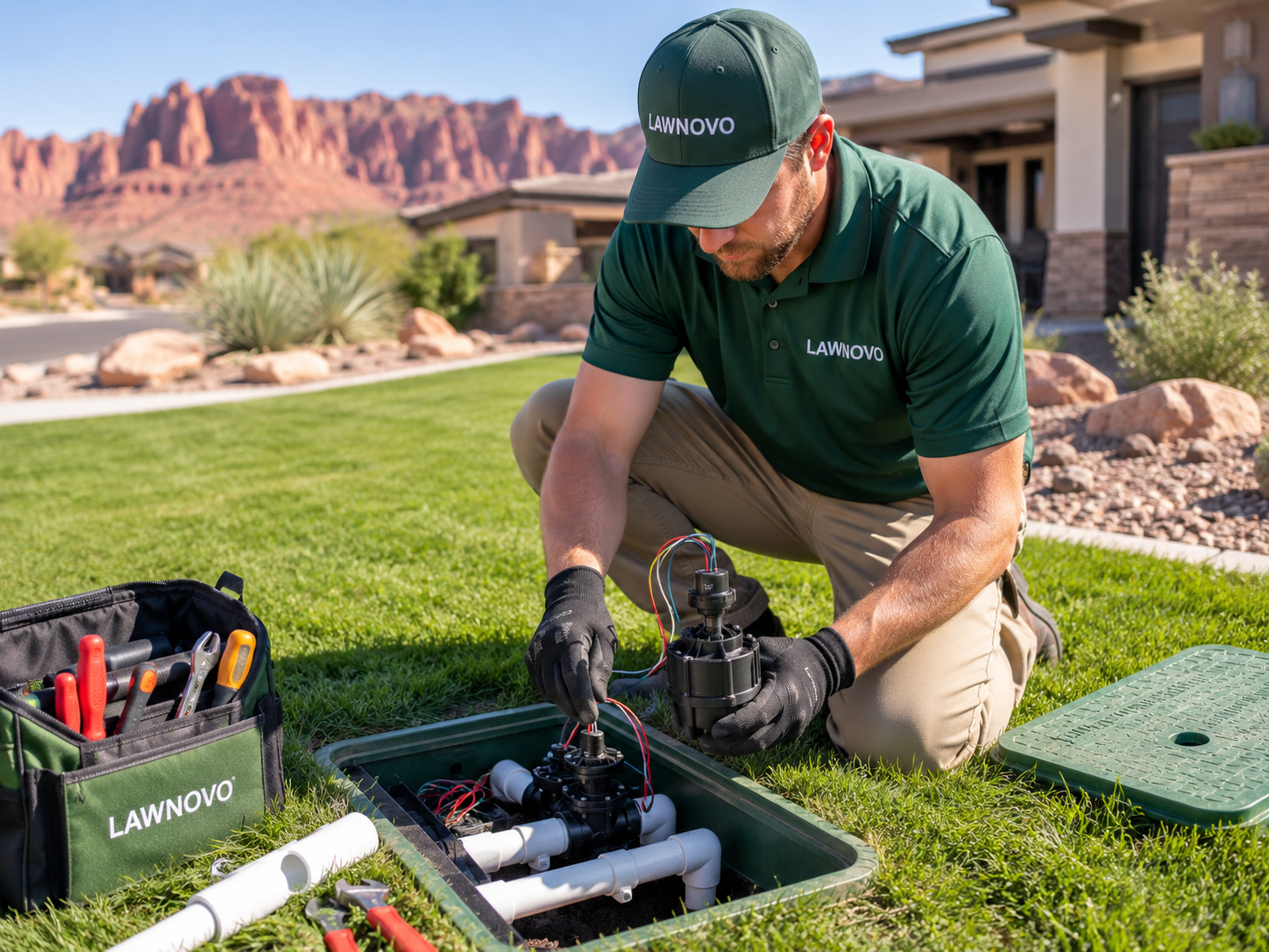 Technician repairing an irrigation valve for a sprinkler zone not working in St. George, Utah