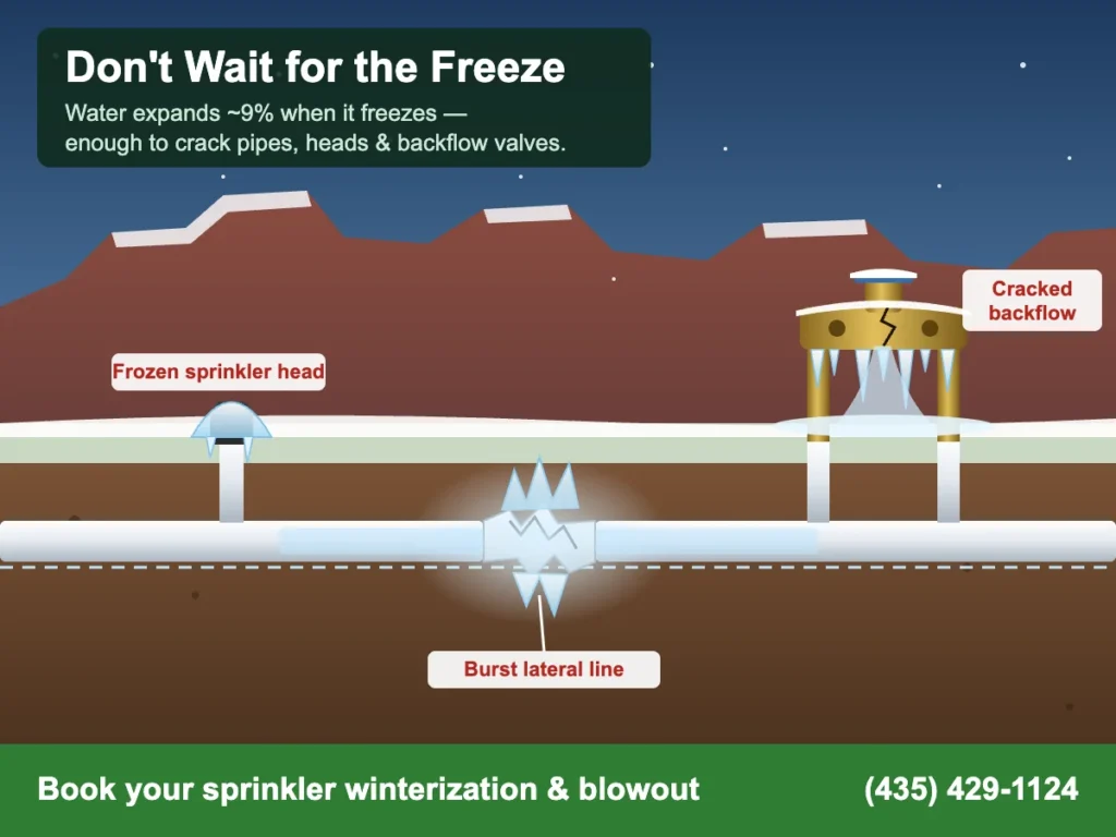 Illustration of frozen and burst sprinkler lines from skipping winterization in St. George, Utah